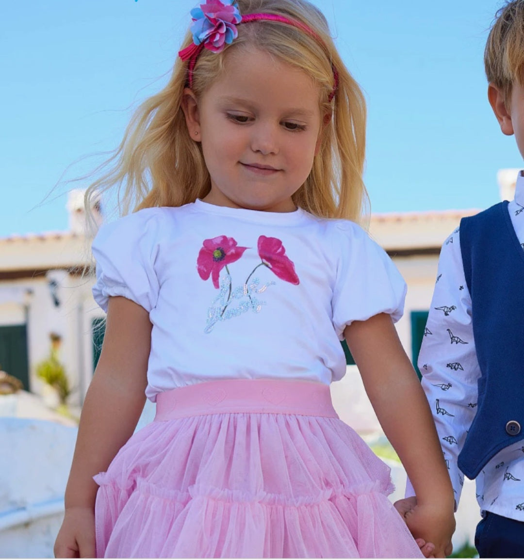 T-shirt bianca per bambina con fiori e brillantini Tuc tuc