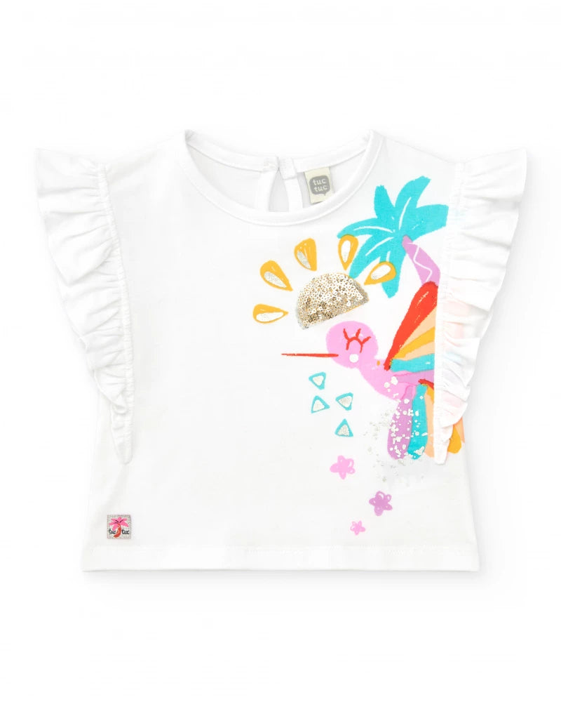 T-shirt bianca per bambina con colibrì tropicale e paillettes Tuc tuc