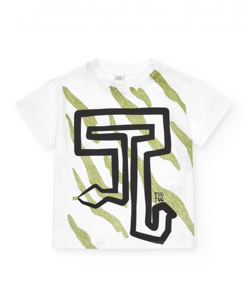 T-shirt bianca per bambino con stampa e lettere verdi e nere