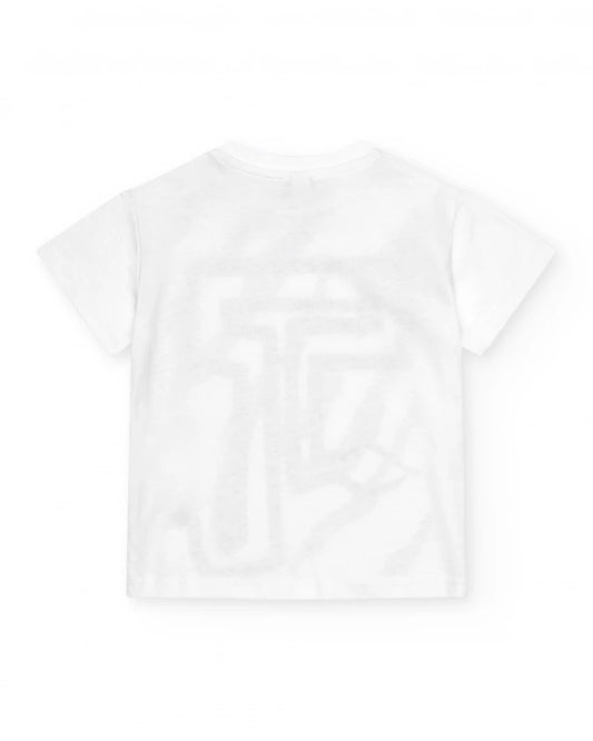 T-shirt bianca per bambino con stampa e lettere verdi e nere