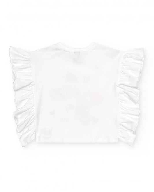 T-shirt di maglia per bambina bianca con volant e fiore ricamato