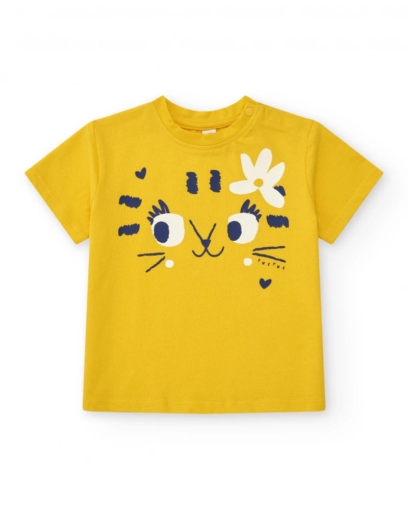 T-shirt per bambina gialla con gatto e fiore blu