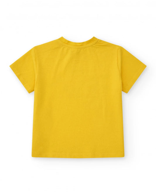 T-shirt per bambina gialla con gatto e fiore blu
