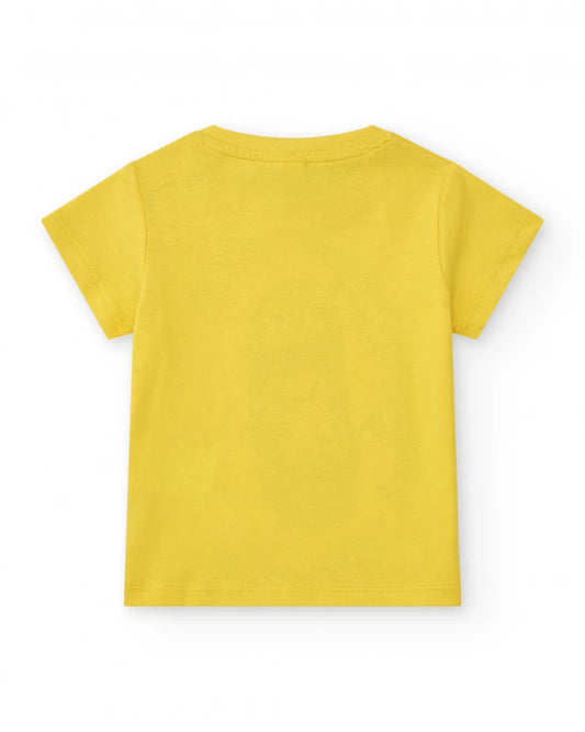 T-shirt per bambino gialla con monopattino e frase "SKATE ALL DAY"