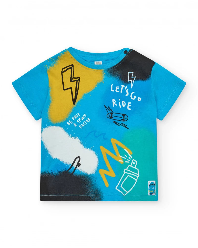 T-shirt per bambino blu con monopattino e frase