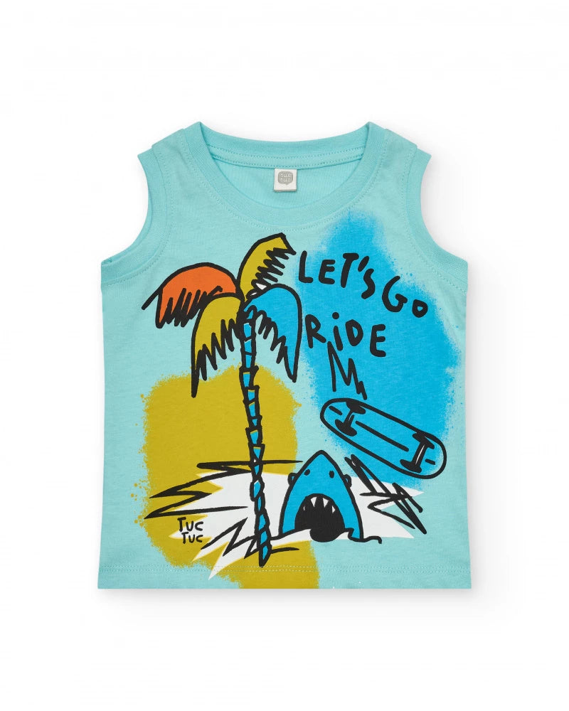 T-shirt senza maniche per bambino blu con palme e squalo