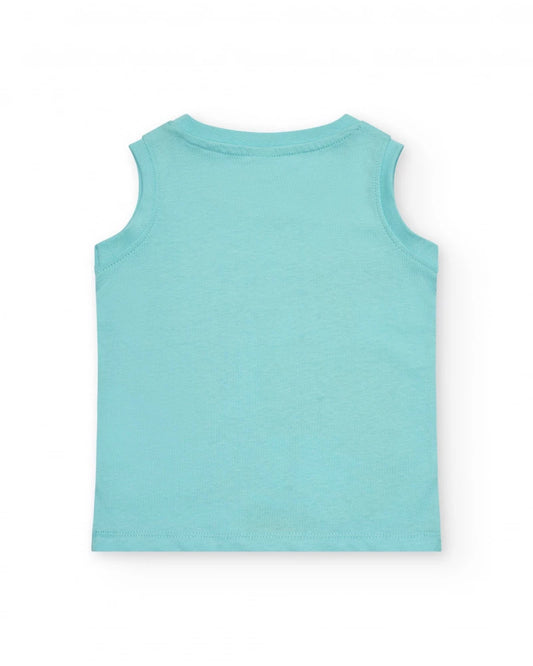 T-shirt senza maniche per bambino blu con palme e squalo