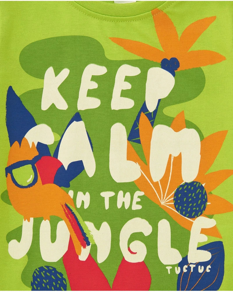 T-shirt verde per bambino con frase "Keep Calm in the Jungle"