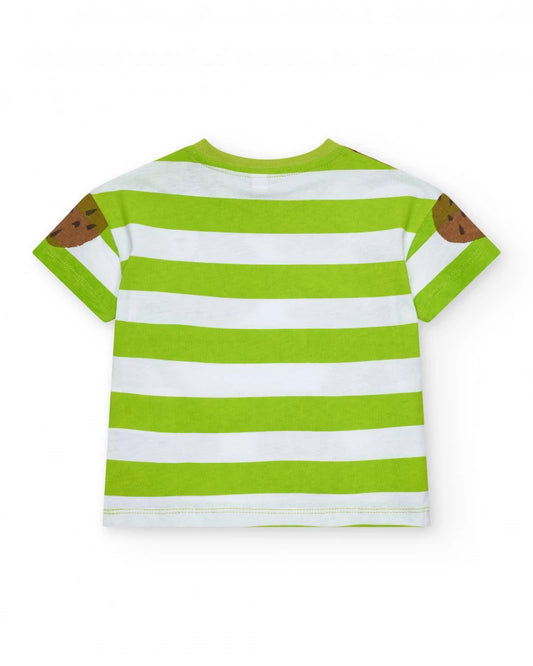 T-shirt verde per bambino con righe e stampa tropicale