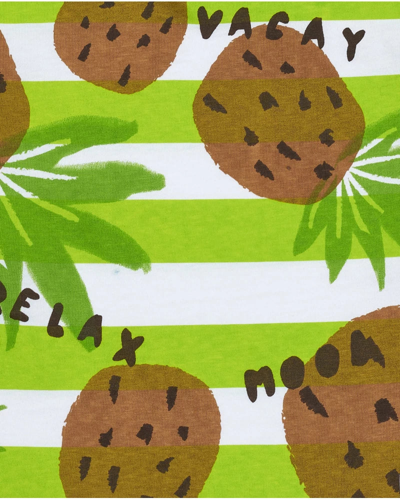 T-shirt verde per bambino con righe e stampa tropicale