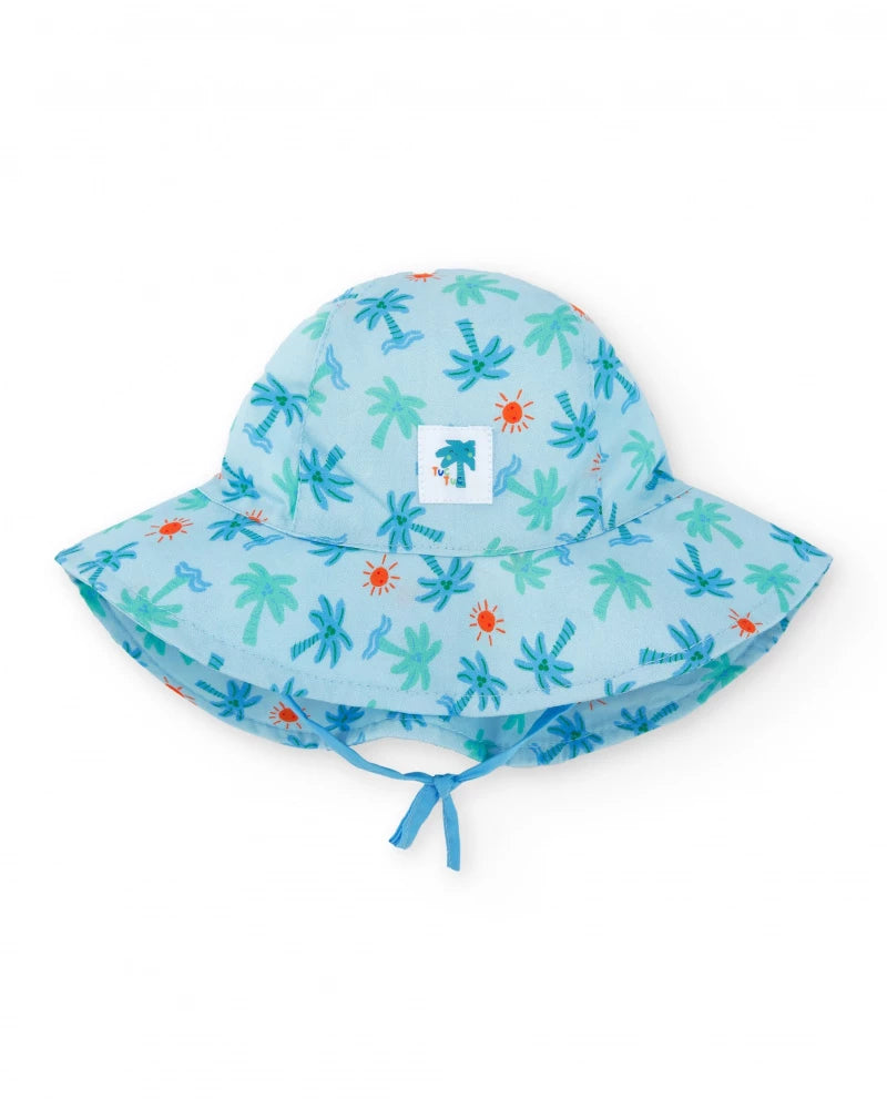Cappello piatto per bambino blu con stampa di palme, onde e soli