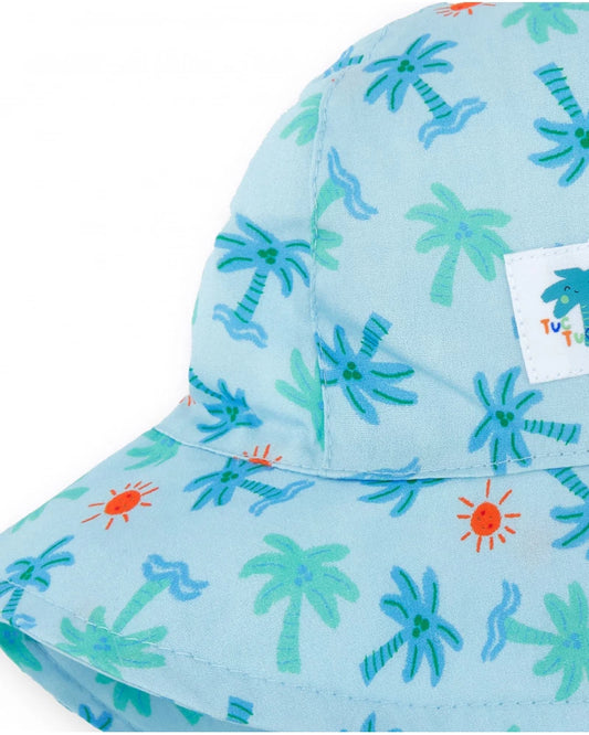 Cappello piatto per bambino blu con stampa di palme, onde e soli