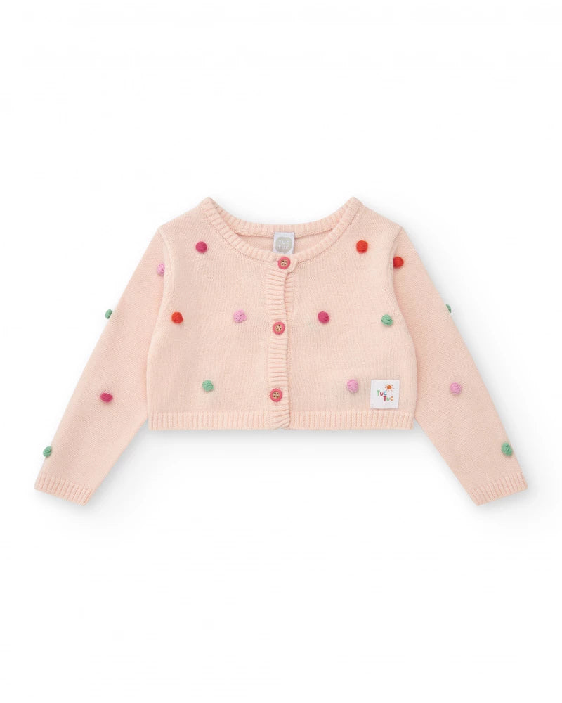 Giacca rosa di maglia per bambina con pompon multicolori e bottoni frontali Tuc tuc
