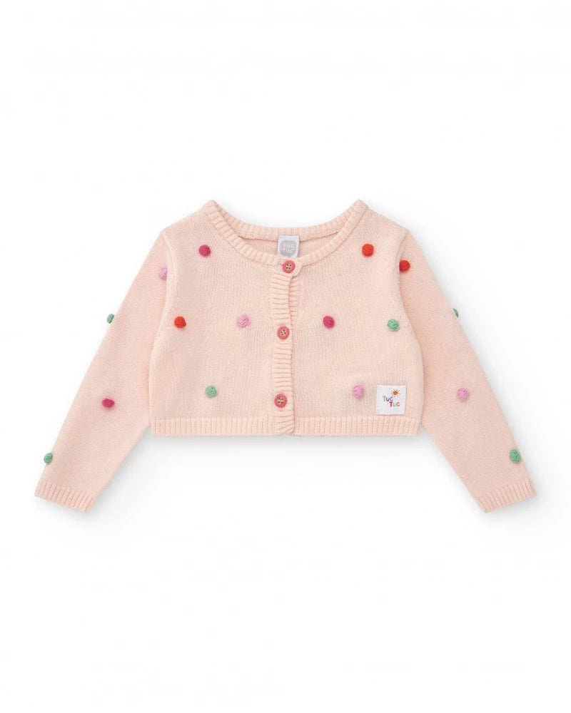 Giacca rosa di maglia per bambina con pompon multicolori e bottoni frontali Tuc tuc