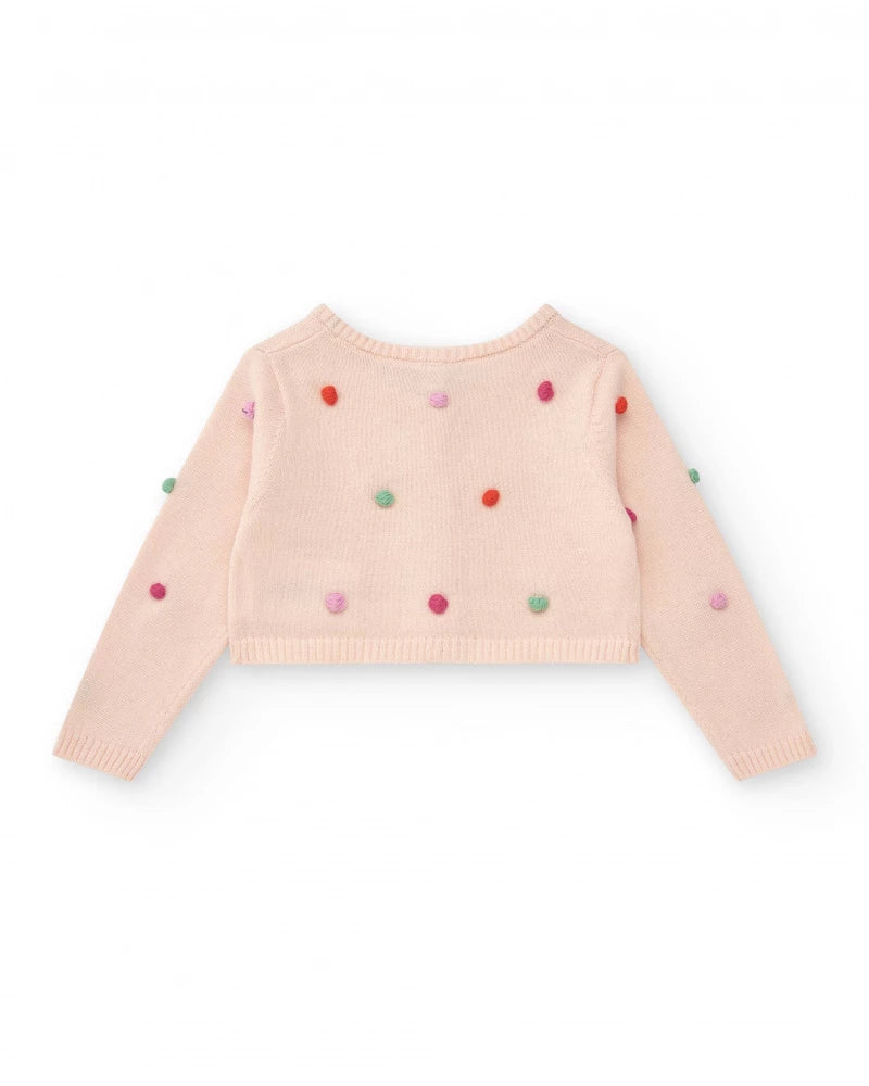 Giacca rosa di maglia per bambina con pompon multicolori e bottoni frontali Tuc tuc