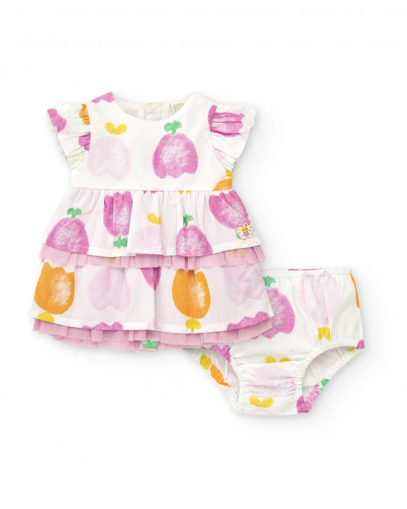 Completo di cotone per bambina con vestito bianco stampato di frutta tuc tuc