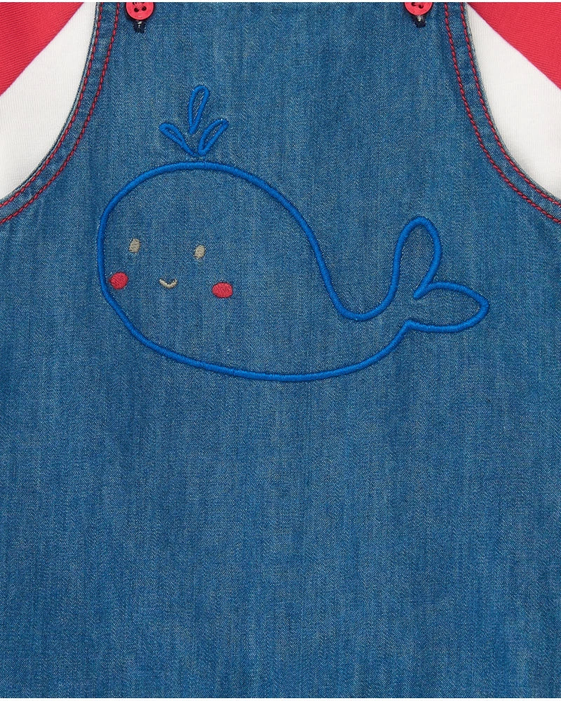 Completo per bambina con salopette in denim ricamata di balena e t-shirt rossa Tuc tuc