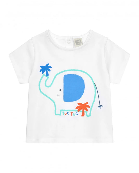Completo per bambino con t-shirt bianca con elefante, giacca blu con cappuccio e pantaloni lunghi blu
