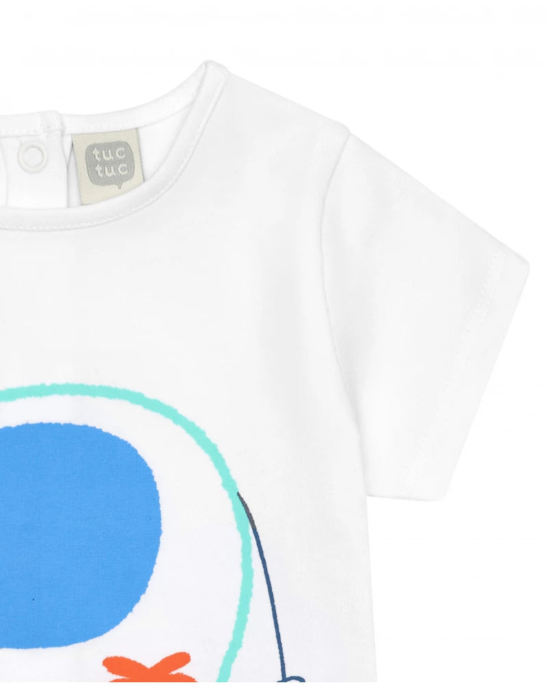 Completo per bambino con t-shirt bianca con elefante, giacca blu con cappuccio e pantaloni lunghi blu