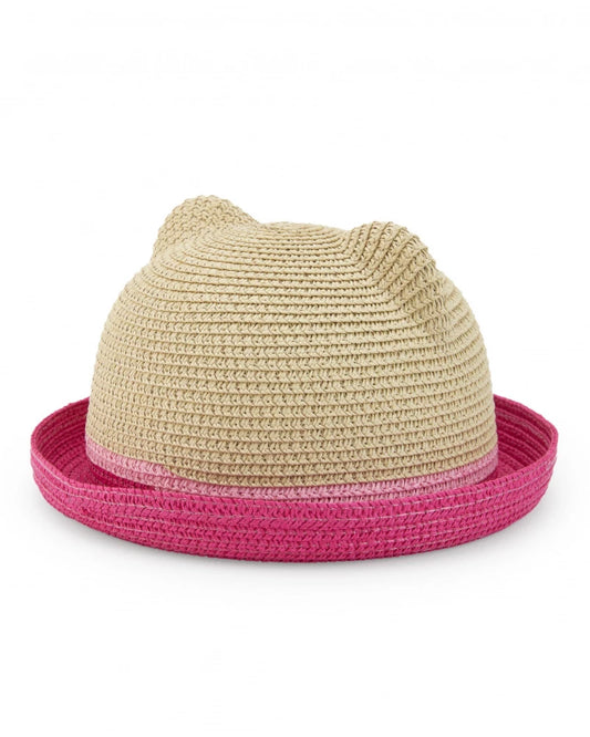 Cappello di rafia beige per bambina con bordo rosa e orecchie