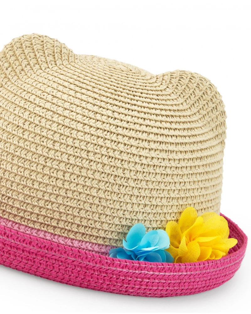 Cappello di rafia beige per bambina con bordo rosa e orecchie