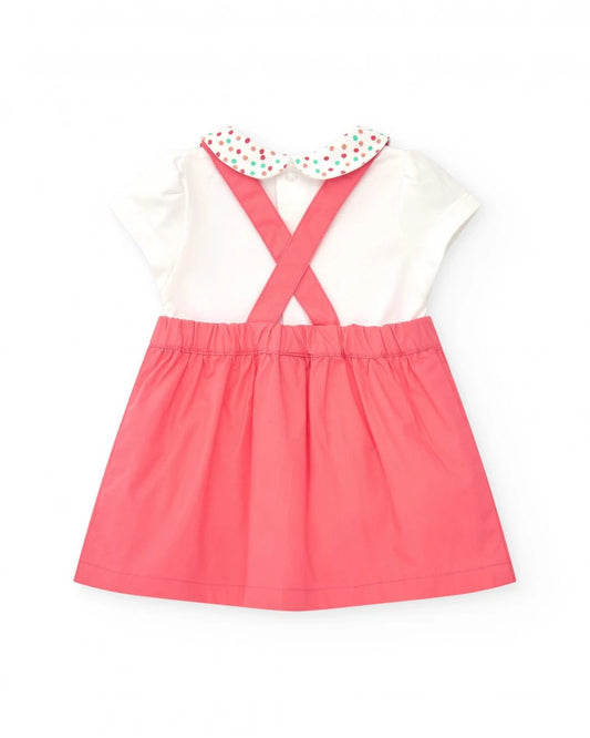 Salopette rosa per bambina con elefante in rilievo e t-shirt bianca a pois