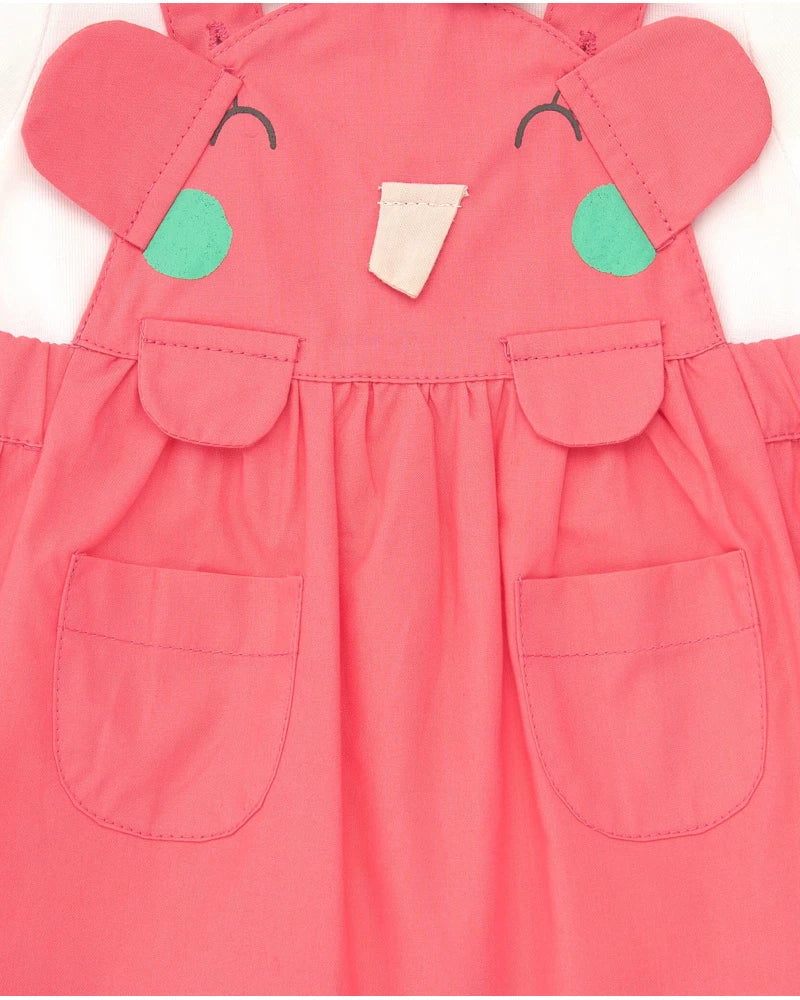 Salopette rosa per bambina con elefante in rilievo e t-shirt bianca a pois