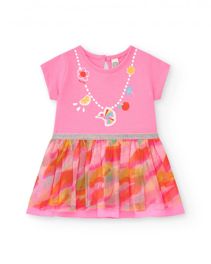 Vestito rosa per bambina con gonna stampata e bordi argentati Tuc tuc