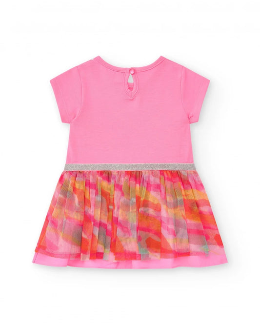 Vestito rosa per bambina con gonna stampata e bordi argentati Tuc tuc