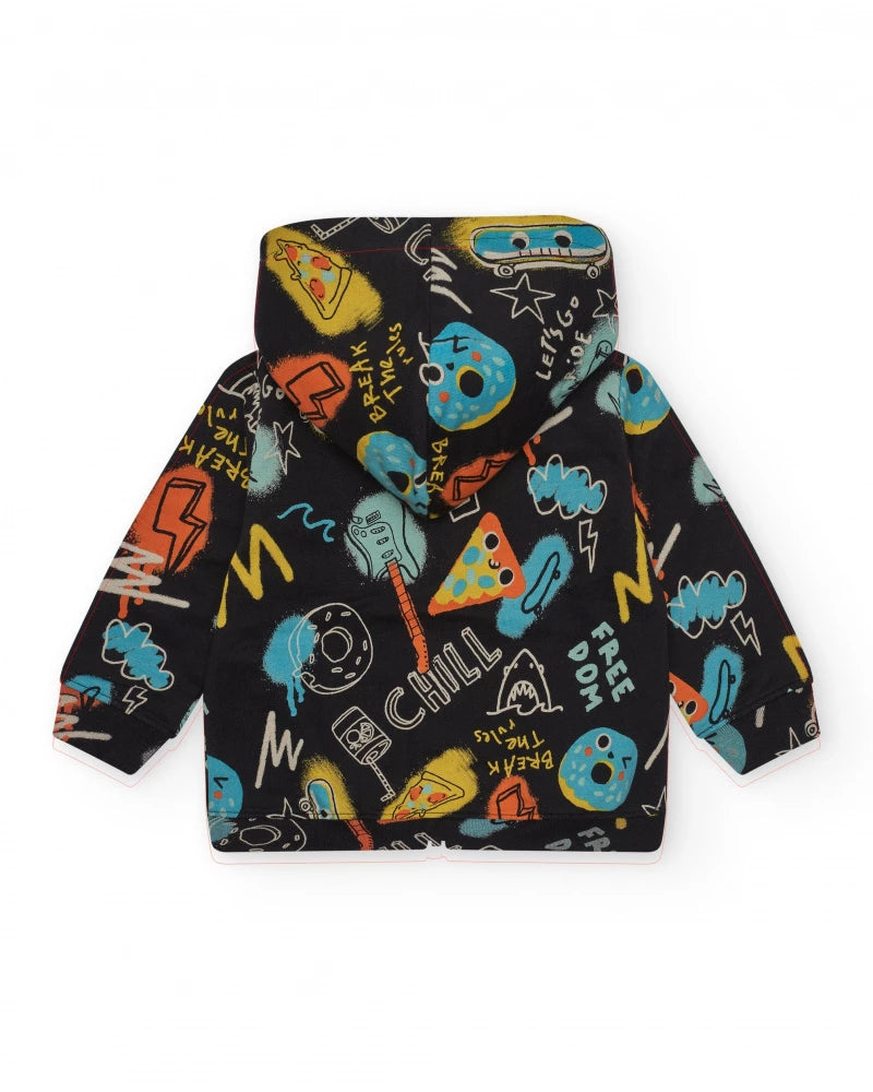 Giacca per bambino nero con stampa e cappuccio Chicco