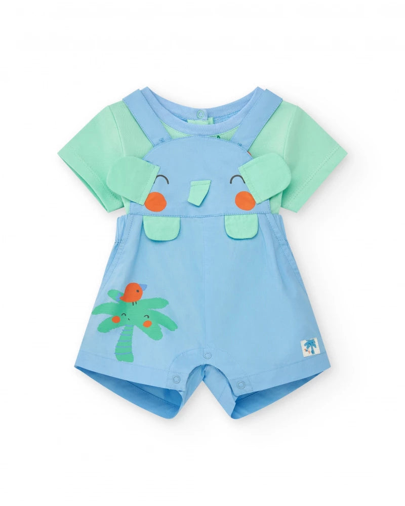 Completo di cotone per bambino con salopette con elefante e palma e t-shirt verde