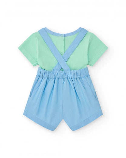 Completo di cotone per bambino con salopette con elefante e palma e t-shirt verde