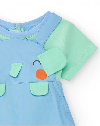 Completo di cotone per bambino con salopette con elefante e palma e t-shirt verde