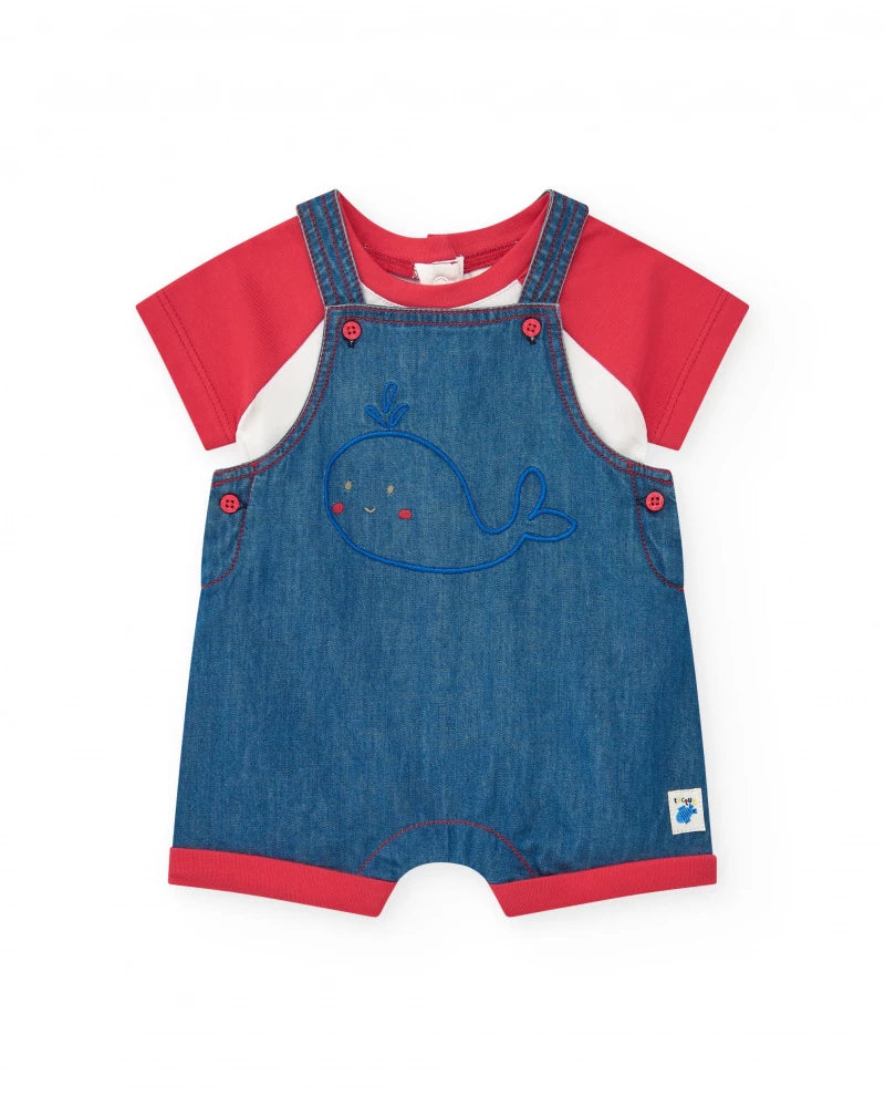 Completo per bambina con salopette in denim ricamata di balena e t-shirt rossa Tuc tuc