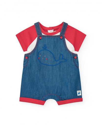 Completo per bambina con salopette in denim ricamata di balena e t-shirt rossa Tuc tuc