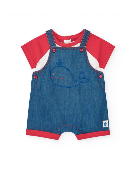 Completo per bambina con salopette in denim ricamata di balena e t-shirt rossa Tuc tuc