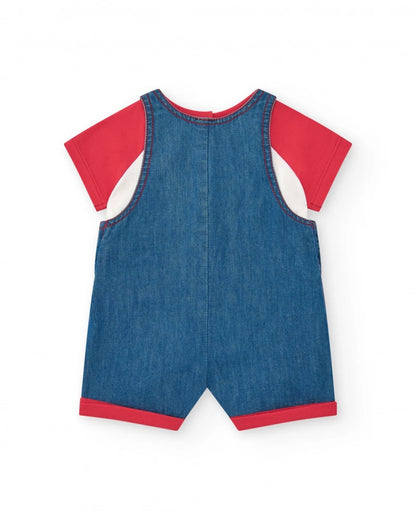 Completo per bambina con salopette in denim ricamata di balena e t-shirt rossa Tuc tuc