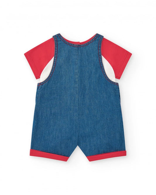 Completo per bambina con salopette in denim ricamata di balena e t-shirt rossa Tuc tuc