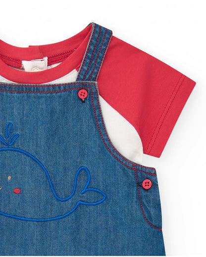 Completo per bambina con salopette in denim ricamata di balena e t-shirt rossa Tuc tuc