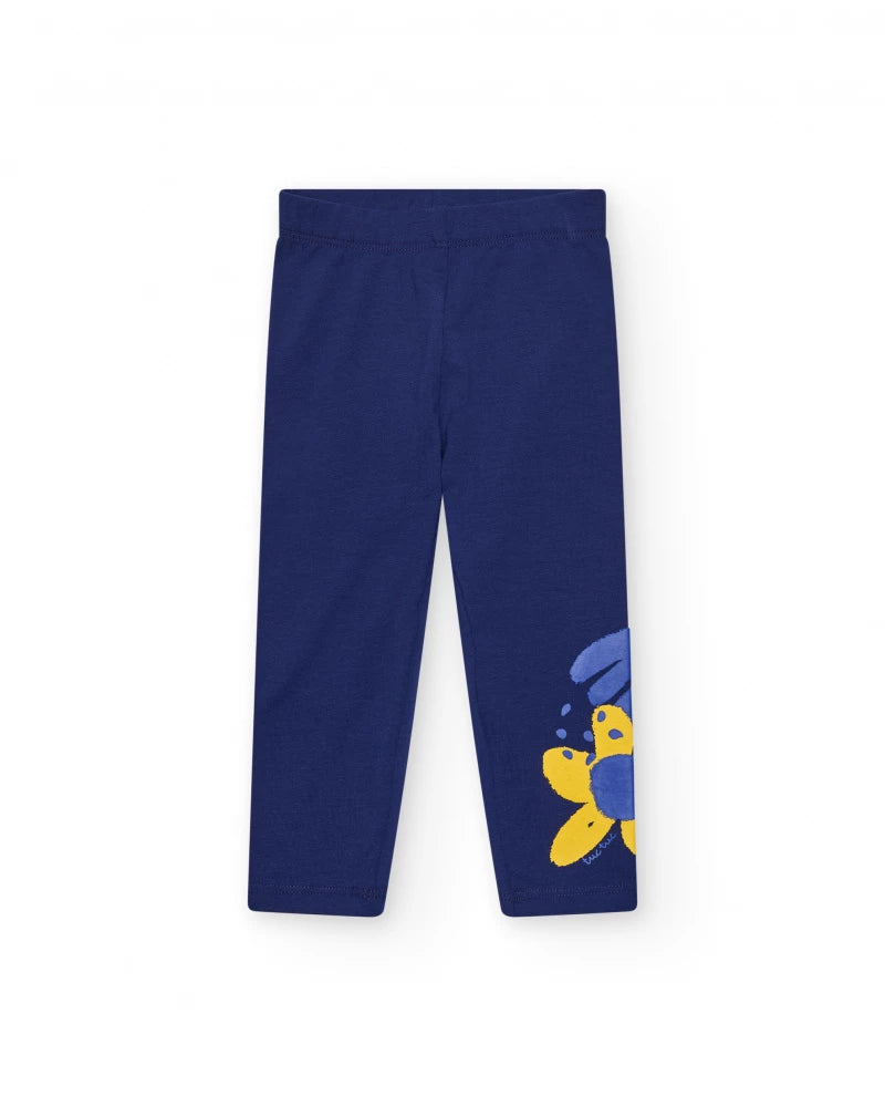 Leggings per bambina blu con dettaglio floreale e vita elastica