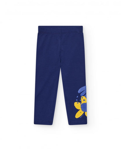 Leggings per bambina blu con dettaglio floreale e vita elastica