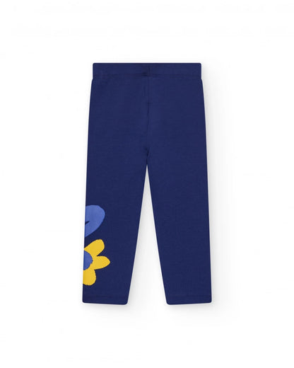 Leggings per bambina blu con dettaglio floreale e vita elastica